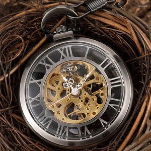 Orologi da tasca Steampunk Grandi numeri romani Orologio meccanico Collana da uomo Vintage trasparente Fob Mano a carica retrò Catena unisex