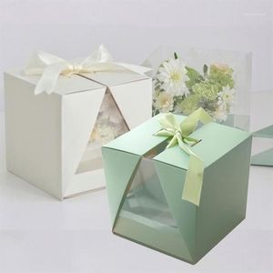 Square V Window Transparent PVC Folding Portable Paper Box med Ribbon Surprise Rose Flower Bouquet Arrangement European GIF1327W