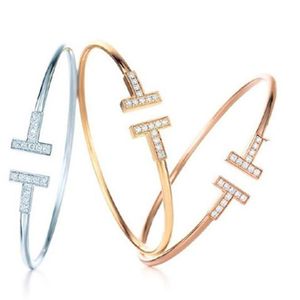 Chic Double T -bokstaven Zirkonarmband för kvinnor Fashion Smycken Öppnar armband Bangle Shiny SMYELTY 3Colors253E