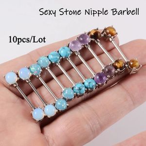 10pcsLot Steel Nipple Barbell Ring With Amethyst Stone Charming Body Piercing Jewelry For Women Wholesale 240127