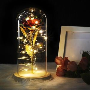 Medium Red Rose i en glasskupol på en träbas för alla hjärtans gåvor LED Rose Lamps Christmas2726