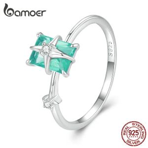 Anéis Bamoer Sterling Sier Light Green Square Stone Ring Ring Starburst for Women Birthday Birthday Jewelry Gift BSR416