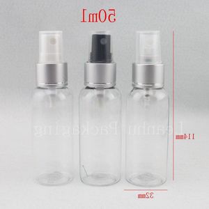 卸売50ml x 50透明な化粧品ボトルシルバーアルミニウムカラースプレーポンプ50cc香水空のプラスチックミストスプレーボトルuavil