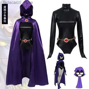 Thema Kostüm Neue Teen Titan Super Hero Raven Cosplay Kommen Frauen Schwarz Bodysuit Lila Mit Kapuze Mantel Overalls Halloween Party Kommen Q240130