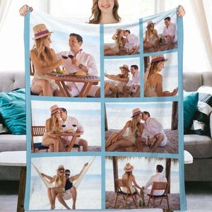 Custom Blanket with Photos Personalized Picture Collage Blankets Soft Sofa Blanket gift for Mother s Day family friends lovers dog Blue X