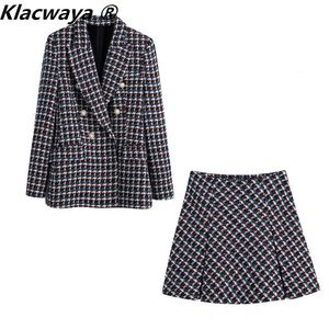 Klacwaya Tweed Suit 2ピースセット女性ダブル胸肉のブレザーオフィスレディチェックスーツとスカートの女性ハイウェストスカート240118