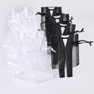 whole 50 sets organza drawstring candy bag 25 tuxedo 25 dress bride groom wedding favors party gift bag wb0612468