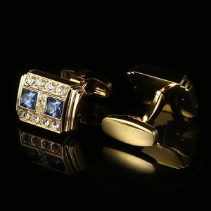 Luxury Blue Crystal French Shirt Cufflinks High-End Golden Business Mens smycken gåvor Bröllop manschettlänkar 240124