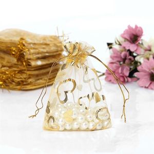 200Pcs Gold Heart Organza Drawstring Bags Wedding Favor Gift Bag 9X12 cm 3 5 x 4 7 inch Multi Colors225z