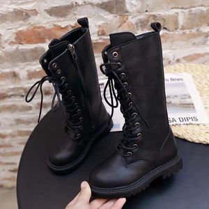 Boots Black Girls 2024 Autumn Children Leather Cross-Tied Platform Side Zipper Fashion Rubber For Student Kids