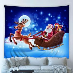 Tapestries Merry Christmas Big Tapestry Cartoon Santa Claus Elk Moon Night Scene Background Wall Hanging Cloth Kid Child Bedroom Home Decor