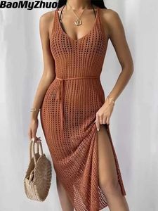 Grundlegende Freizeitkleider 2024 Neues sexy hohles Fischnetz Maxi-Strickkleid Damen Party Club Durchsichtiges figurbetontes langes Kleid Sommer Strand Urlaub Set J240130