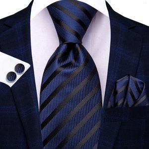 Галстуки-бабочки Hi-Tie в полоску, темно-синий мужской модный галстук, носовой платок, запонка для смокинга, аксессуар, классический шелковый роскошный галстук, мужской подарок