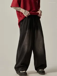 Calças de brim masculinas moda roupas cor sólida lavagem perna larga calças cintura elástica cordão bolso para fazer calças soltas velhas a053