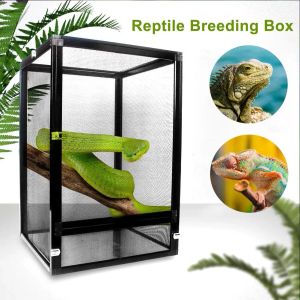 Terrariums transparent reptil avelsbox Aluminiumlegering Reptil matningsbehållare för spindel ödla grodor cricket sköldpadda andas andas