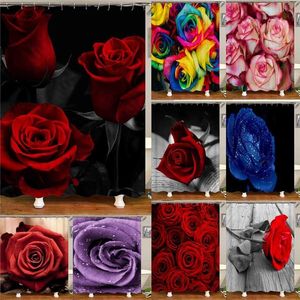 Vattentät duschgardin för badrum 3D Red Rose och svarta blad Badkargardiner Polyester Tyggardin 180 180 cm T200102270V