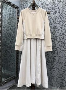 Casual Dresses One Piece Dress 2024 Autumn Winter Style Women Sweatshirt Patchwork Långärmning Midkalvlängd Beige Grön bomull