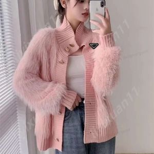 Inverted Triangle Sign Parad Women Sweater Luxury Brand Knitted Cardigans Sweater Pink Hounds Tooth Knit Long Sleeve Oversized Jumper Coats 8790