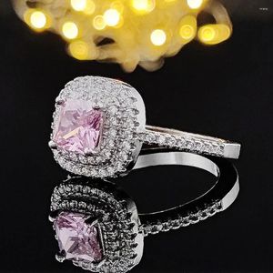 Cluster Rings Women's Princess Cut Ring Silver Color Pink Lab Diamond Crystal Resizable Opening Engagement Wedding Jewelry