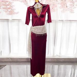 Stage Wear Performance di danza del ventre Hafla Dress Baladi Saidi egiziano Costume Galabeya Abaya 3 pezzi Abito in cotone Copricapo Cintura Rosso