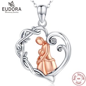 Halskette Eudora New Sterling Silber Mama und Kind Hug A Heart Anhänger Halsketten für Mutter Baby Geburtstagsgeschenke Feiner Schmuck Geschenk