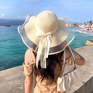 Wide Brim Hats Summer Large Wavy Mesh Edge Elegant Bow Straw Hat Packable UV Protection Cap Beach Travel Bonnet Breathable Bucket
