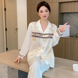 Spring New Pajamas Women's Ice Silk Long sleeved Open Front Fashion Comfortable Home Fury Set