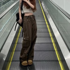 Qweek Y2K Retro Pants Womens Brown Street Clothing Baddies Pocket Brouts Brack Retro Corean Fashion Teedshetics 240130