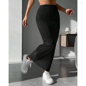 Saias 2024 outono inverno mulheres de malha com nervuras de cintura alta lápis longo casual midi primavera em roupas outwear