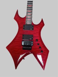 Chitarra elettrica volante BC Rich personalizzata con bordi imbottiti rossi e neri, tastiera a pipistrello rossa e testa di chitarra con unghie