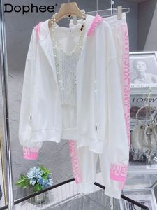 Белый костюм, женский спортивный костюм, свободный корейский модный розовый ромбовидный свитер, кардиган на молнии, пальто, куртка, повседневные брюки, комплекты из двух предметов 240118