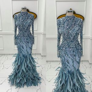 Luxurious Feather Pearls Evening Dresses High Collar Prom Gowns Sequins Beaded Long Sleeve Custom Made Formal Party Dresses Plus Size