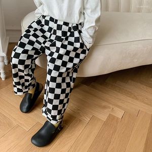 Trousers Children's Pants Boys And Girls' Spring 2024 Chessboard Lattice Straight Tube Baby Washed Cotton Casual