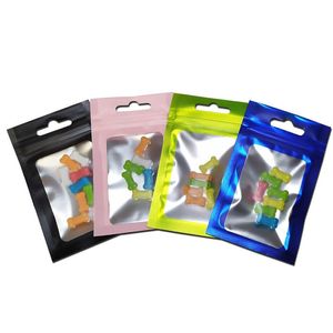 200 pçs / lote pequeno fosco colorido aperto zíper pacote saco de folha de alumínio resealable mylar zip lock plástico transparente janela sacos varejo238r