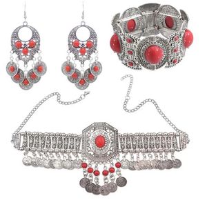 Set di orecchini con bracciale e collana zingara per le donne Boho Hippie Coin nappa Rosso Blu Pietra Set di gioielli tribali turchi Regalo del partito 240118