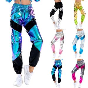 Kvinnors byxor hög midja glänsande våt look metalliska lastbyxor dansar solid byxa latex leggings för kvinnor läder 00 n