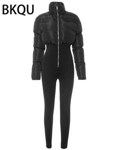 BKQU Patchwork Bodycon Long Sleeve Jumpsuits For Women Autumn Winter Thick Warm High Waist Zipper Trend Onepiece Rompers 24030