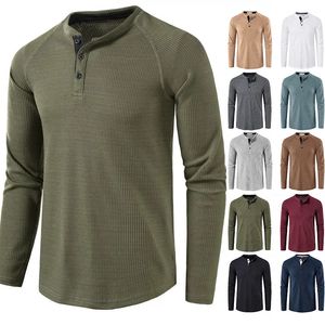 Moda waffle algodão t camisa masculina 2023 outono fino ajuste manga longa henley tshirt masculino streetwear casual cor sólida tshirt 240119