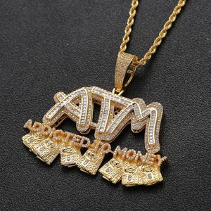 Ciondolo con lettere ATM baguette ghiacciato con catena in corda Oro argento con zirconi da uomo Collana HipHop Gioielli196f