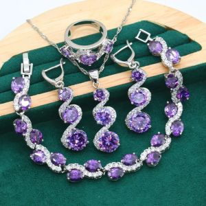 Halsband Classic Purple Topaz 925 Silver smycken set för kvinnor bröllopsarmband långa örhängen ring halsband hänge