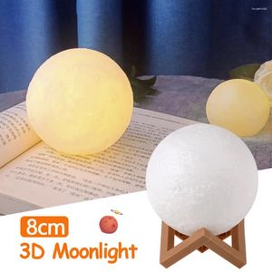 Luci notturne Lampada lunare 3D da 8 cm Lampada a LED alimentata a batteria con supporto Decorazione camera da letto stellata Regalo per bambini