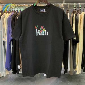 Mens camisetas 2022ss preto damasco casual kith tee homens mulheres 1 clássico flor pássaro impressão kith camiseta solta manga curta com tag t221130 oh80