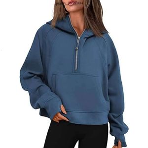 Kadınlar için lulumelon hoodies hoodies lulu tüplü hoodies büyük boy yarım fermuar kırpılmış sweatshirt polar spor giyim cepleri ile başparmak 176