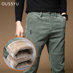 High Quality Oussyu Winter Fleece Warm Corduroy Pants Men Thick Casual Business Fashion Stretch Velvet Black Gray Green Trousers 240124