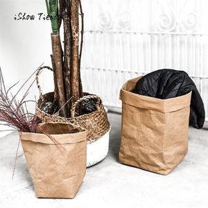洗えるクラフトペーパーバッグファッション植物花ポット多機能ホームストレージバッグギフトパッケージ高品質の収納バッグ1195h