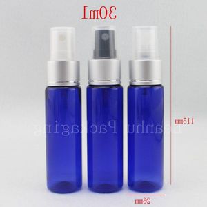 30 ml x 50 blaue Plastikflaschen mit Parfüm-Aluminium-Sprühpumpe, 1 Unze leere Kosmetikverpackungsflaschen mit Spray aus Porzellan Eiajd