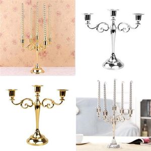 Metalowe świece 5-ramowe 3-ramionowe świecy stojak na dekorację ślubną Candelabra Centerpiece Candlestick Decor Crafts Silver Gold243n