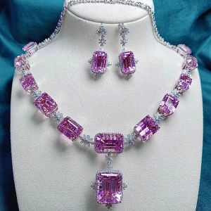 Necklace Female Pink Crystal Rings Jewelry Sets Charm Sier Color Wedding Drop Earrings for Women Bridal Choker Necklaces