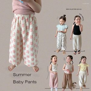 Spodnie 2024 Summer Girls Pants podwójna warstwowa gaza mosaru repelent dzieci kreskówkowe Casual Boys Baby