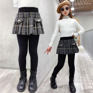 Calças meninas xadrez magro pantkirt crianças leggings de inverno com saia menina culotte engrossar roupas quentes das crianças